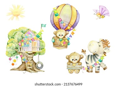 monkey, zebra, tree house, balloon. Watercolor set, cliparts, on an isolated background.