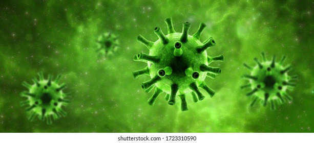 Coronavirus oder Influenza-Superbug in Zellen, digitale Sicht des SARS-CoV-2-Corona-Virus auf grünem Hintergrund, 3D-Darstellung.