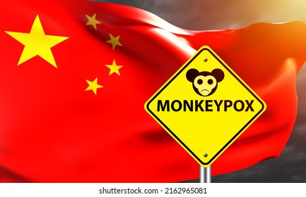 Monkeypox Outbreak In China. Yellow Warning Sign About Monkeypox. Flag Of China Near Smallpox Symbol. Infection With Fever From Monkeys. Epidemic Monkeypox Virus. Infectious Pandemic In PRC. 3d Image