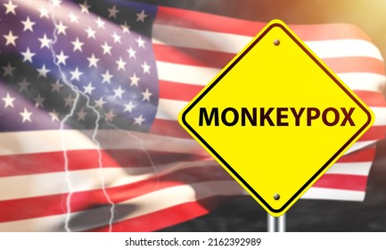 Monkeypox In USA. Inscription Monkeypox In Front Of Flag Of America. Smallpox Cases In USA. Outbreak Of Monkeypox In United States Of America. Monkey Fever Epidemic In US. 3d Rendering.