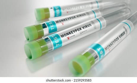 Monkeypox Virus Test Tube On Shiny Table Testing To Prevent Pandemic. 3D Rendering