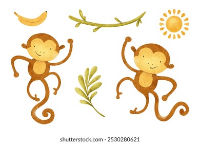 Monkeys, vines, leaves, sun, banana. Baby set of Jungle ape, marmosets. Isolated hand drawn watercolor illustrations of African animals. Macaques for design baby shower cards, kid's goods - Powered by Shutterstock