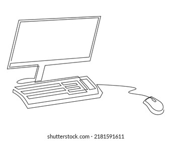 Monoblock Computer With Keyboard And Computer Mouse. Office Equipment. Illustration, Continuous Line Drawing