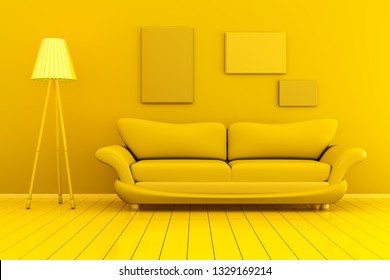 Monochromatic 3D rendered Illustration of a interior with blank picture frames against the wall. - Shutterstock ID 1329169214