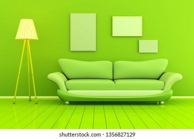 Monochromatic 3D Rendered Illustration Of A Interior With Blank Picture Frames Against The Wall.