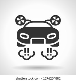 Monochromatic Flying Car Icon With Hovering Effect Shadow On Grey Gradient Background