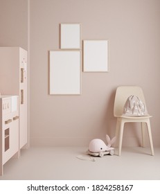 Monochromatic Girls Room In Pastel Pink Colors, 3d Render