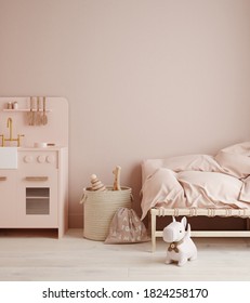 Monochromatic Girls Room In Pastel Pink Colors, 3d Render