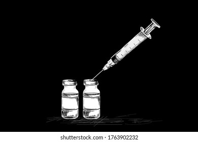 注射やボトル ワクチン接種の殺人を描いた単色のミニマルイラストで ウイルス感染に対する防御として作用します コロナワクチン注射用白黒漫画 のイラスト素材 Shutterstock
