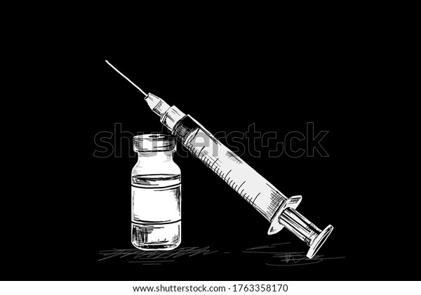 注射やボトル ワクチン接種の殺人を描いた単色のミニマルイラストで ウイルス感染に対する防御として作用します コロナワクチン注射用白黒漫画 のイラスト素材