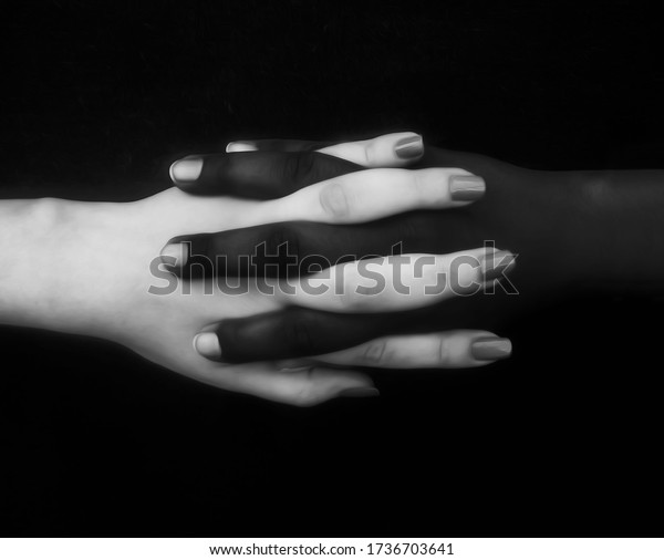 人種差別 偏見 差別 人種差別 人種差別 外国人嫌悪と闘う姿勢 調和 統合 受け入れを示す 異なる位置を持つ2人の白黒の手のモノクロ写真 のイラスト素材