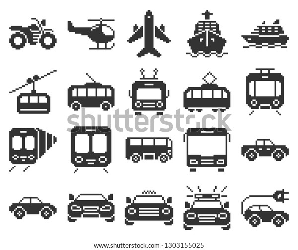 Monochromatic pixel icons set of some transport\
facilities\
