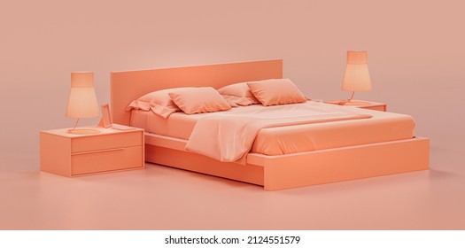 Monochrome Bedroom Scene With A Double Bed Sheet, Blanket, Pillows And Side Tables.Rosy Pink Colorinterior Room,  Flat Style Single Color Composition, 3d Rendering, Nobody