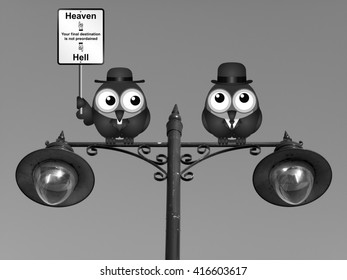 Monochrome bird vicar with destination heaven or hell sign and worried businessman perched on a lamppost