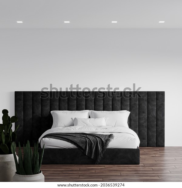 Monochrome black and white bedroom of a hotel\
room with a large bed in the center. White blank wall, white linen\
bedding. Beautiful dark velvet panel headboard. Cactus like plant.\
3d rendering