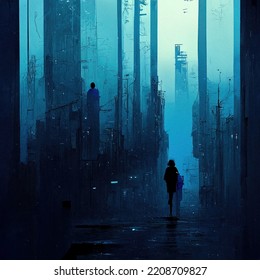 Monochrome Blue Digital Oil Painting Of An Abstract Woman Silhouette Walking Away Back Turned In A City Dramatic, Calm Scene With Tall Vertical Lines Artistic Cinematic Image