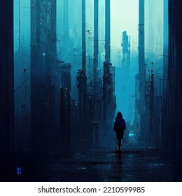 Monochrome Blue Digital Oil Painting Of An Abstract Woman Silhouette Walking Away Back Turned In A City Dramatic, Calm Scene With Tall Vertical Lines Artistic Cinematic Image