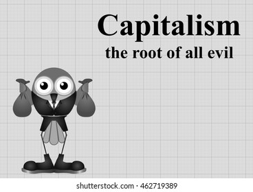 Monochrome capitalism the root all evil and businessman holding bags money graph paper background and copy space for own text