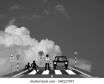 Monochrome Children Walking Across Zebra Crossing Stock Illustration ...