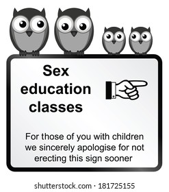 Monochrome Comical Sex Education Sign Isolated On White Background