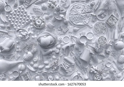 Monochrome composition of white relief figures of different foods and drinks on a white background. 3D panel with a set of food in a top view. 3D rendering.