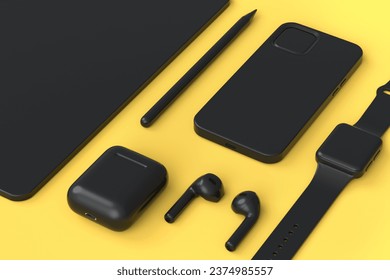 Monochrome computer tablet with stylus, smart watch, phone and headphones isolated on yellow background. 3D rendering concept of creative designer equipment and compact workspace