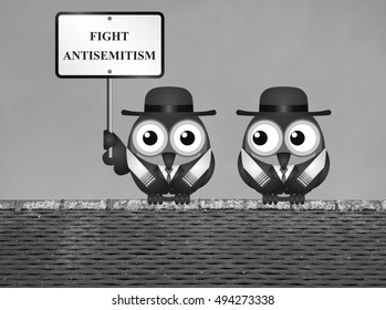 Monochrome Fight Antisemitism Message With Jewish Characters Wearing Tallit Prayer Shawls