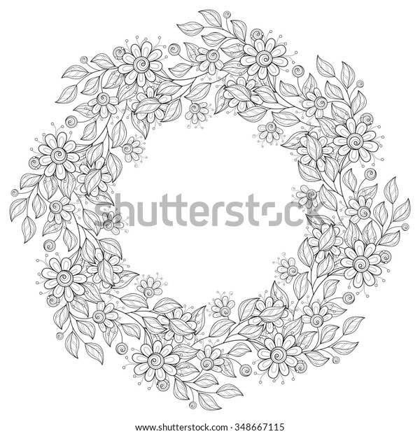 白黒の花柄の背景 花輪付き手描きの飾り グリーティングカード用のテンプレート のイラスト素材
