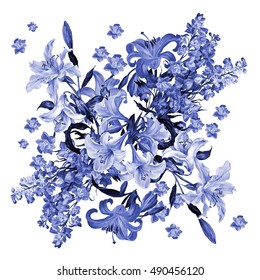 Monochrome Floral Seamless Pattern ,made In The Cobalt Color. Delphiniums And Lilies  On A White  Background.Watercolor Painting.