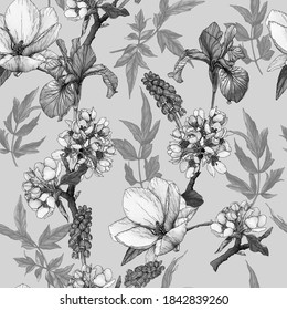 Monochrome Floral seamless pattern with watercolor irises, magnolia, cherry blossom and muscari.