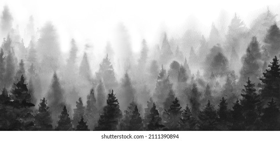 Monochrome foggy forest panorama. Minimalist nature landscape art. Watercolor illustration on white background.