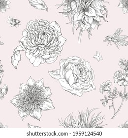 Monochrome Gentle Vintage Floral Seamless Pattern. Botanical Flowers Texture. Regency Wallpaper, Baroque Style Hand-drawn Background 