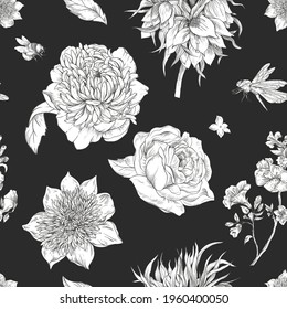 Monochrome Gentle Vintage Floral Seamless Pattern. Botanical Flowers Texture. Regency Wallpaper, Baroque Style Hand-drawn Background On Black