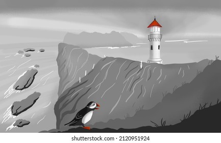 Monochrome hand drawn illustration of lighthouse with beacon on seashore. Island in the ocean with cliffs. White pharos with red roof. Seascape with signal building