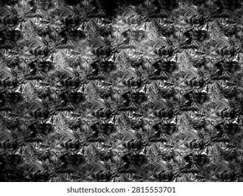 A monochrome, high-contrast abstract pattern featuring intricate frost-like crystals and dramatic dark textures.