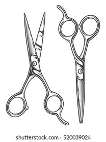 Monochrome Illustration Of Chrome Barber Scissors. Isolated On White Background