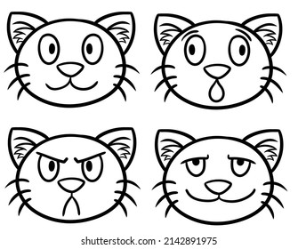 Monochrome illustration. A set of cute cats, cat faces with different emotions, an illustration isolated on a white background