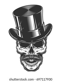 Monochrome illustration of skull with top hat and moustache isolated on white background
