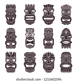 Monochrome illustrations set of tribal god tiki. Black white tahitian totem, idol god hawaiian tiki with teeth and mouth
