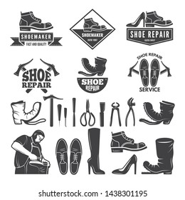 Monochrome illustrations of various tools for shoe repair. Labels or logos for clothing factory. shoe repair, shoemaker profession, repairman and craftsmanship - Powered by Shutterstock