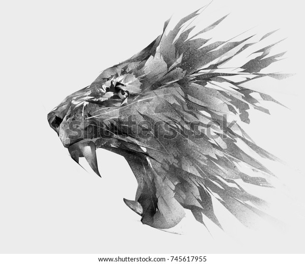 ライオンの顔の側面図をモノクロで分離した様式の図 のイラスト素材