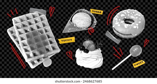 Monochrome items of desserts, waffle with honey, ice cream, meringue cake and donut on dark background with red lines. Creative design. Concept of food. Template for menu, bakery. Breakfast ideas - Powered by Shutterstock