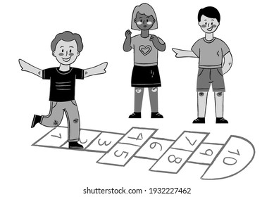  Monochrome Kids Playing Hopscotch - Powered by Shutterstock