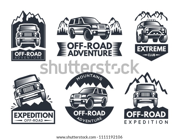 Monochrome\
labels set with suv cars. Automotive extreme label and emblem,\
motor vehicle for adventure.\
illustration