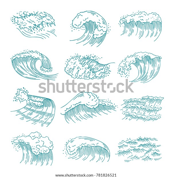 水しぶきの異なる海洋波のモノクロ画像セット 手描きのイラスト 水波海洋 海流水しぶきと渦 のイラスト素材
