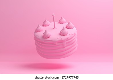 Monochrome pink image with a flying birthday cake on a solid background. 3D illustration - Powered by Shutterstock