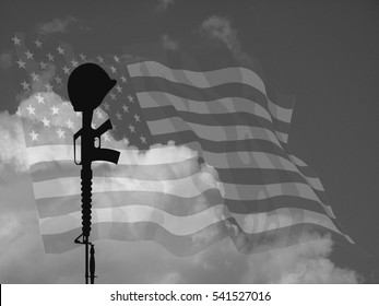 Monochrome representation of fallen USA service personnel against a cloudy sky