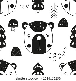 Monochrome seamless pattern with cute forest animals - bear. Bw Kids illustration for nursery. Perfect for baby clothes, greeting card, wrapping. Pattern is cut, no clipping mask.
