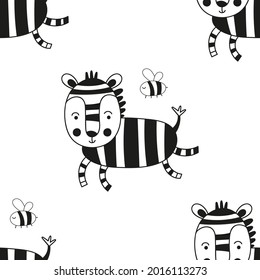 Monochrome seamless pattern with cute jungle animals - zebra. Bw Kids illustration for nursery. Perfect for baby clothes, greeting card, wrapping. 
