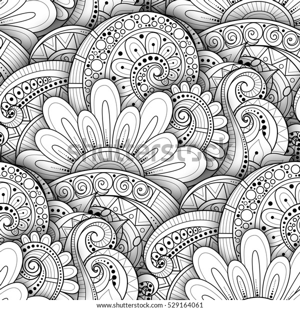 白黒のシームレスな模様と花柄のモチフ 落書き風自然の背景に無限のテクスチャーと花 葉など カラーリングブックページ 3d等高線イラスト 抽象アート の イラスト素材